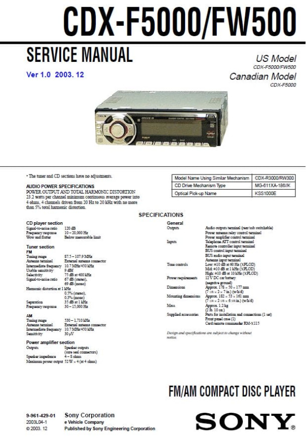 CDX-F5000, CDX-FW500 Ver.1.0